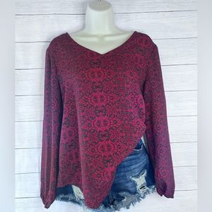 Cato Aztec Geo Print Cross Strap Back Balloon Sleeves Rounded Hem Maroon XS 💗